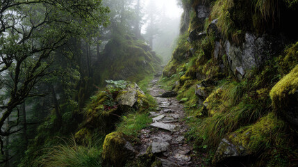 Misty hiking trail exploration enchanted forest landscape photography serene environment ground level adventure concept