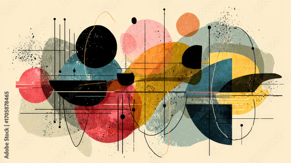 Poster abstract floating shapes with overlapping watercolor shadows and minimal geometric design