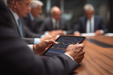 Businessmen analyzing charts on a tablet during a meeting. The focus is on the hands interacting with the screen