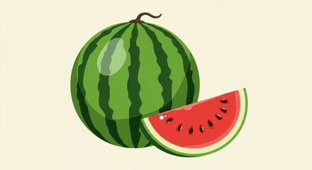 Bright watermelon with green rind, red flesh, and black seeds, isolated on neutral background, modern flat vector style with minimal shading.