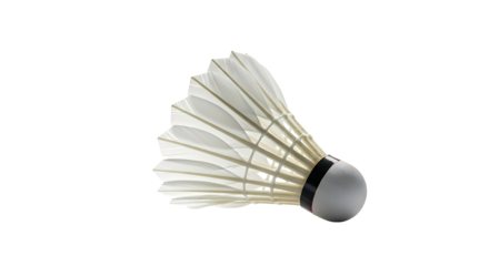 A white badminton shuttlecock is angled against a black background, showcasing its intricate structure and delicate feather design.