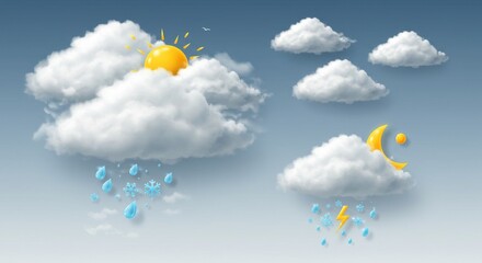 Realistic Clouds Vector Collection with Weather Symbols Including Rain and Snow Isolated for Cloudy Sky, Meteorology, Weather Elements, Nature Illustration, and Forecast Design