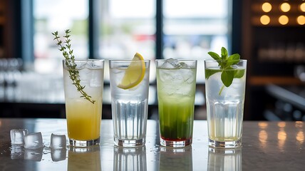 Four refreshing tall cocktails with ice and garnishes on a bar