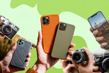 Hands holding smartphones and vintage cameras against a light green, patterned background, suggesting a blend of old and new technologies