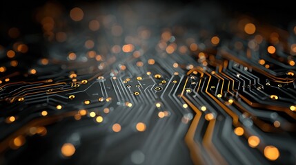 Abstract image of a computer circuit board with glowing lights in the background