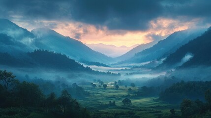 Serene mountain landscape with lush green valleys and misty fog at sunrise, showcasing towering peaks, vibrant colors, and peaceful natural scenery in a breathtaking outdoor setting