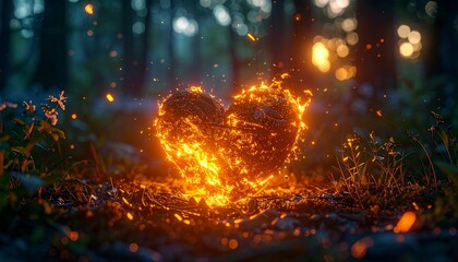 Obraz premium Luminous heart-shaped embers floating in a twilight forest, radiating heartfelt warmth, vivid HD camera capture with crisp glow