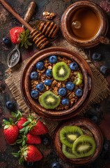 Rustic overhead shot of a bowl of granola with fruit, honey stick, cup of tea, and strawberries on a textured surface