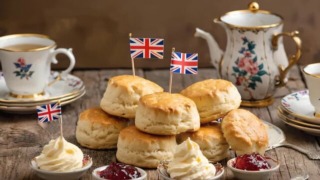Cinematic video of traditional British afternoon tea with freshly baked scones, clotted cream, strawberry jam and Union Jack flags on rustic wooden table with vintage porcelain teacups and teapot