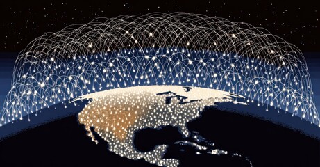 Illustrated Earth with a web of shimmering connections above North America, against a starry space background, evokes global networks