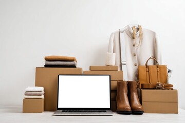 Arrangement of folded garments, leather accessories, and a laptop against a white background, styled as a modern retail or lifestyle composition