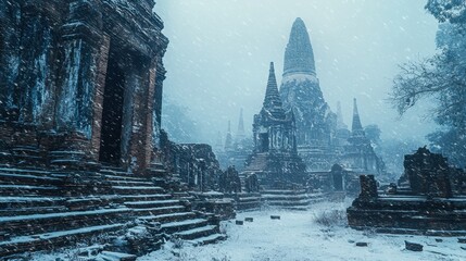 Ancient temple ruins covered in snow during a fierce snowstorm with falling snowflakes, misty atmosphere, and overgrown trees creating a mystical winter landscape