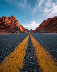 Low-angle view of a desert road leading between red rock formations under a partly cloudy, bright blue sky