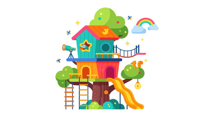 Colorful cartoon childrens treehouse with a slide ladder and telescope.