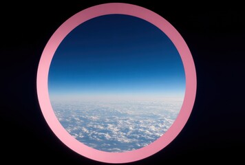 Airplane window view. Deep blue sky meets fluffy white clouds framed by a circular rose-colored portal against a stark black background