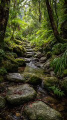 Tranquil stream flowing through lush forest nature scene vertical perspective serene environment