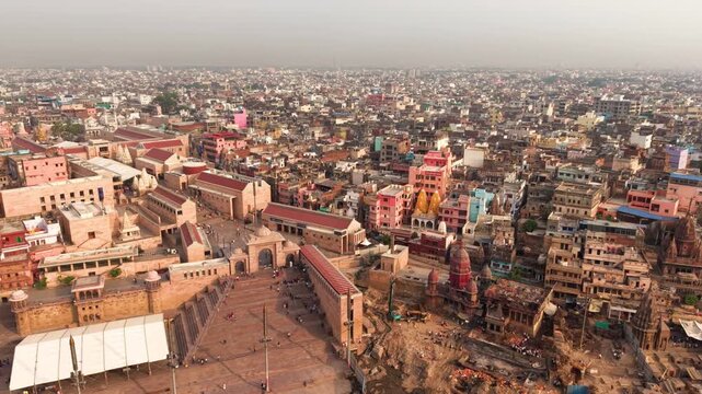 Varanasi, India: Aerial view of famous Shri Kashi Vishwanath Temple, Hindu temple dedicated to Shiva in ancient holy city on Ganges river  - landscape panorama of Southeast Asia from above
