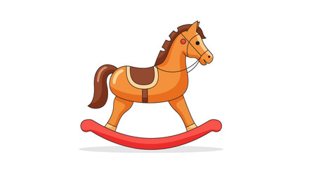 Cartoon Rocking Horse Toy with Red Base and Brown Saddle.