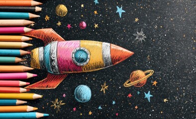 A colorful, hand-drawn rocketship flies through a black, starlit sky, propelled by a trail of colored pencils. Whimsical & creative scene