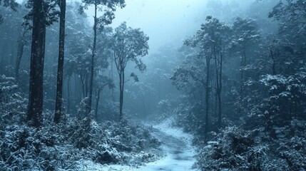 Snow-covered forest path in winter with tall trees and dense foliage, misty atmospheric scene showcasing cold temperatures, tranquility, and natural winter landscape beauty
