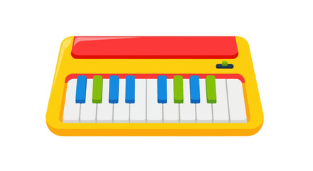 Colorful toy keyboard with red and yellow casing and blue and green keys.