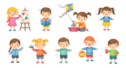 Diverse group of happy cartoon children engaged in various activities.