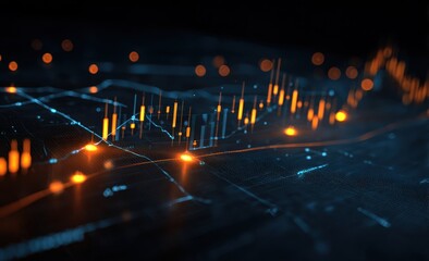 Candlestick chart overlaying circuit-like design; warm orange bars indicate rising trends against cool teal grid lines and bokeh dots