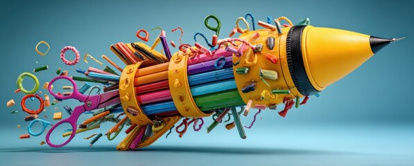 Rocket crafted from pencils, scissors, and rubber bands, set against a teal background. Artsy and playful, a creative take on education