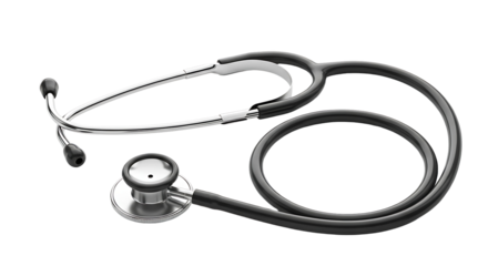 A medical stethoscope with gleaming silver components and a sleek black tubing lies against a dark background.