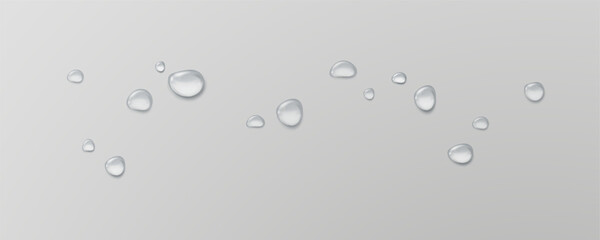 Realistic water drops on a transparent background, condensation on the surface with light reflection and shadow, vector, png, 3D effect.	
