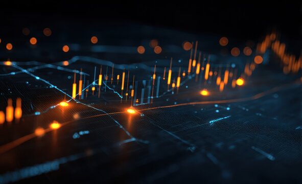 Candlestick chart overlaying circuit-like design; warm orange bars indicate rising trends against cool teal grid lines and bokeh dots