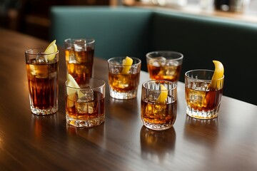 Assortment of whiskey cocktails with lemon garnishes on a bar counter