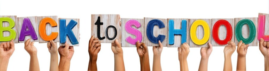 Many diverse hands holding up the words "back to school" formed of colorful letters on individual wooden blocks against a white background