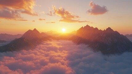Golden sunrise over majestic mountain peaks with clouds in the sky creating a serene and breathtaking natural landscape scene
