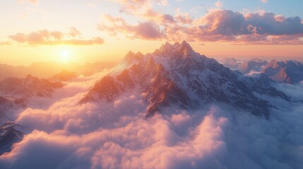 Majestic snow-capped mountain range illuminated by warm sunrise light, towering peaks and cloud cover creating a stunning natural landscape scenery