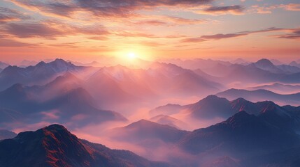 Beautiful sunrise over majestic mountain range with colorful sky, misty valleys, and scenic landscape, capturing peaceful natural environment at dawn