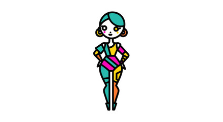 Stylized cartoon woman with colorful geometric clothing and teal hair.