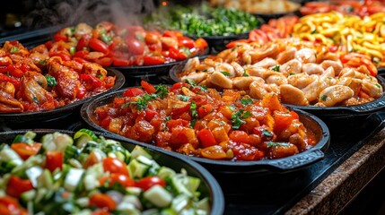 Hot buffet with various cooked dishes