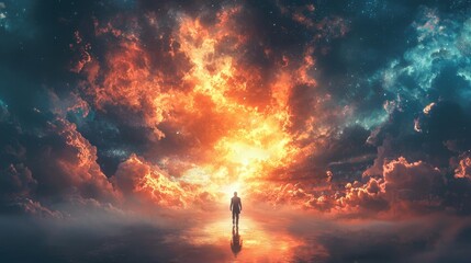 A solitary figure walking toward a luminous, fiery cloud-filled sky resembling a cosmic sunset or explosion with vibrant orange, yellow, and deep blue hues, creating a surreal and inspiring atmosphere