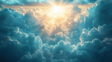 Bright sun shining through a sky filled with large, fluffy cumulus clouds during daytime with sun rays radiating outward, creating a vibrant and uplifting atmosphere