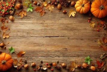 An autumnal frame with pumpkins, acorns, leaves, and berries arranged on a rustic wooden surface, creating a warm, inviting Thanksgiving or fall scene
