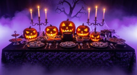 Spooky halloween feast with jack o lanterns and candles on a dark table