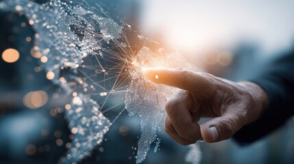 A person's finger touches a luminous point on a transparent world map overlay, creating a network of connections against a blurred city backdrop