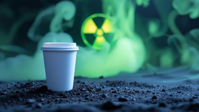 Radioactive Contamination of Cup: A starkly realistic depiction of a disposable cup amidst a cloud of toxic green gas, underscored by the stark nuclear symbol and dark soil.