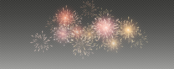 Vector realistic lights, flares. Magic fireworks in the night sky, Christmas background for holiday design, poster, postcard on a transparent background, png. Holiday lights.