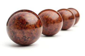 Polished Brown Marbles Row On White Surface Closeup, Spherical Objects Texture