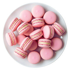 Fototapeta premium Delicious pink french macarons pile served on a white plate overhead shot dessert food isolated on transparent background
