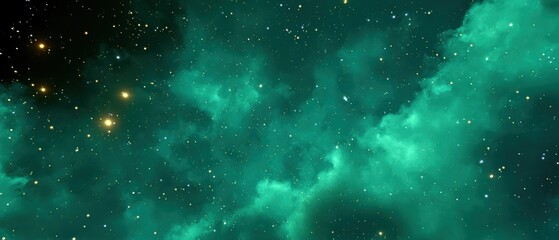 Immersive View Inside an Emerald Green Nebula with Glowing Gas Clouds and Distant Stars