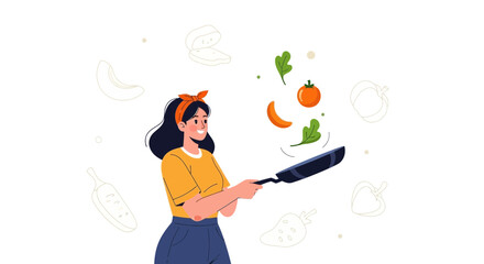 Culinary Illustration: Cheerful Woman Tosses Fresh Ingredients During Cooking Process