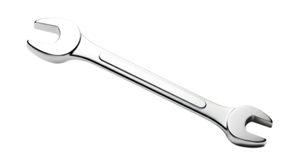A polished, chrome-finished wrench is angled against a black backdrop, showcasing its smooth, reflective surface and intricate design.